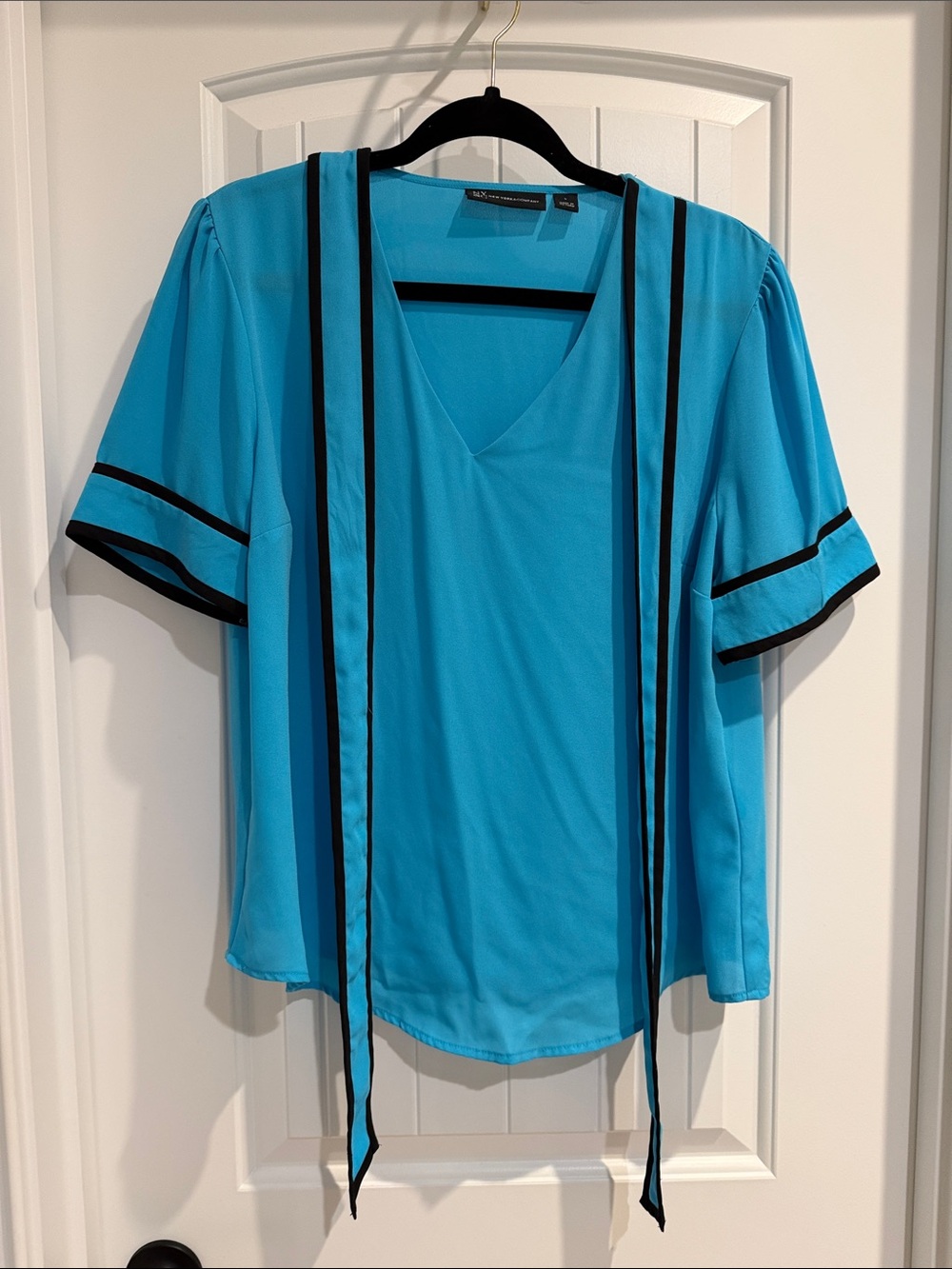 New York & Company Turquoise Blouse with Black Trim